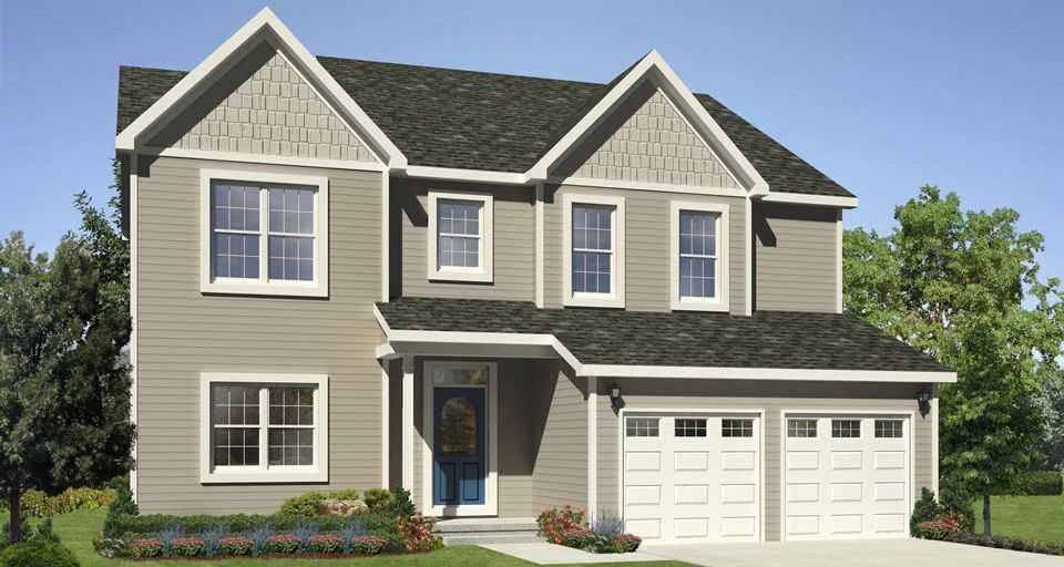 An artist 's impression of a house with a gray siding and a black roof.
