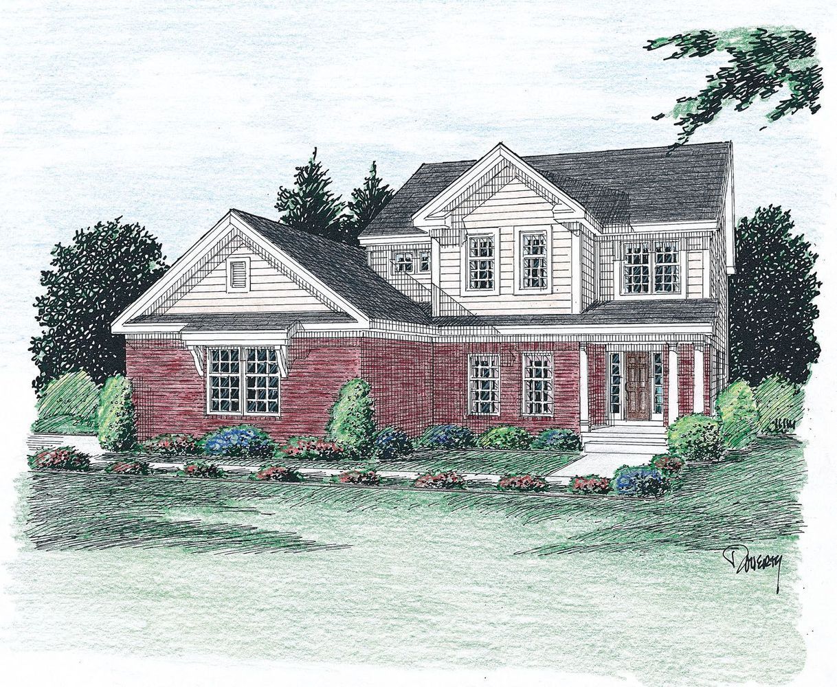 A drawing of a brick house with a white trim