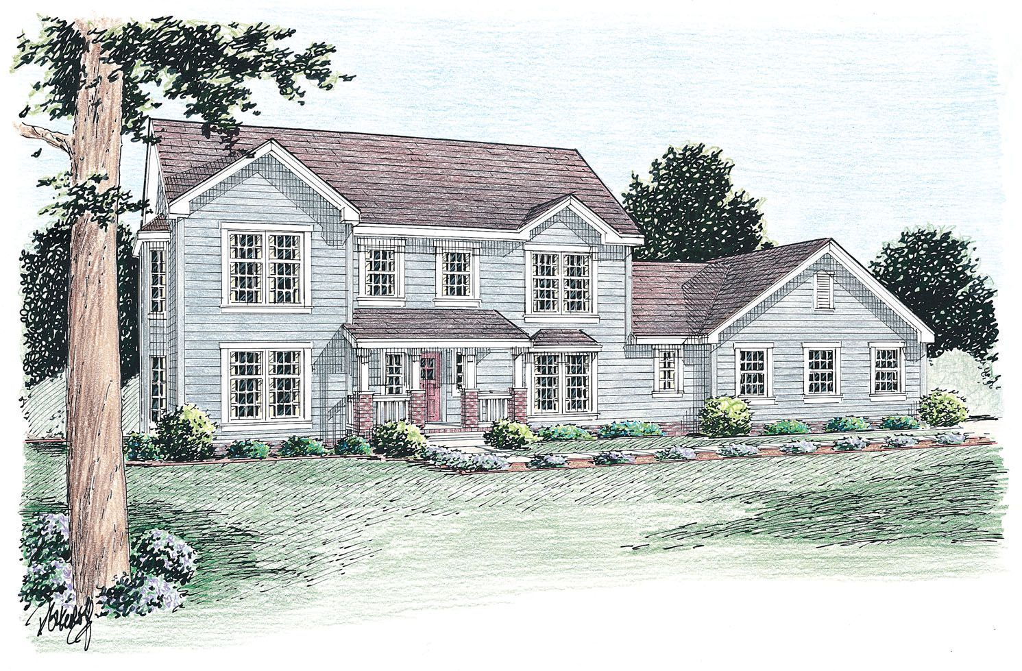 A drawing of a house with a tree in front of it