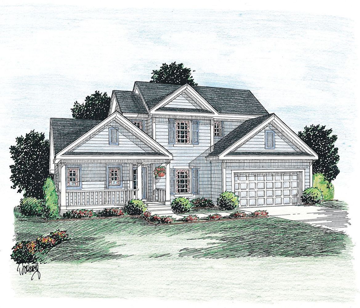 A drawing of a house with a porch and a garage