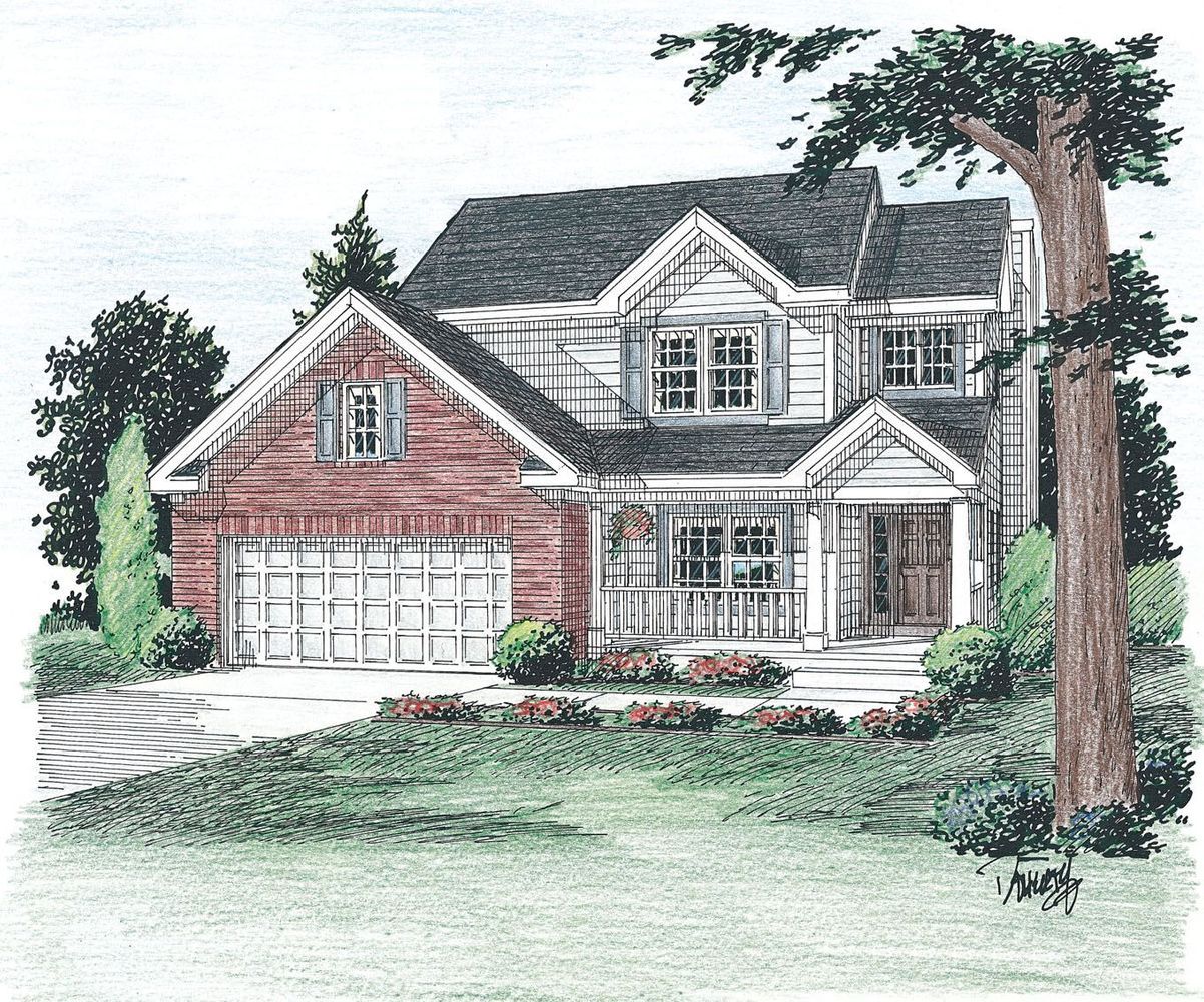 A drawing of a house with a tree in front of it