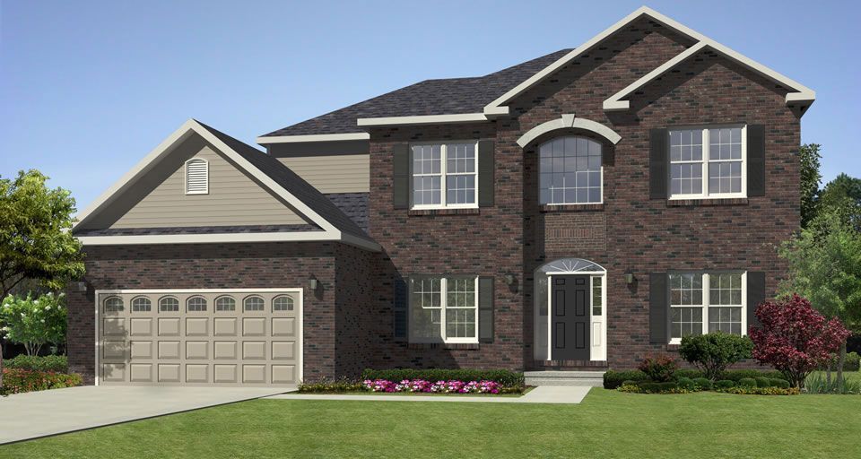 An artist 's impression of a brick house with a garage