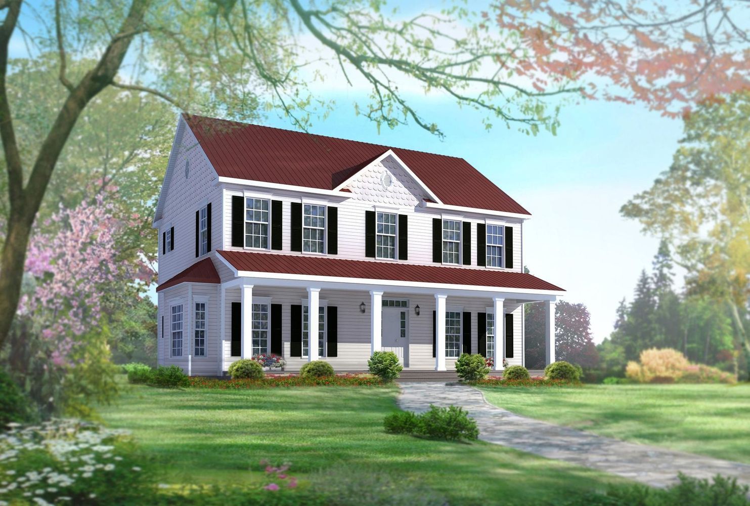 A white house with red shutters and a large porch