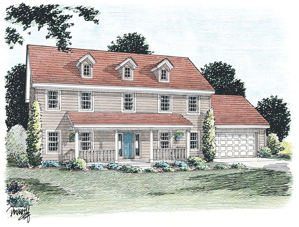 A drawing of a house with a red roof