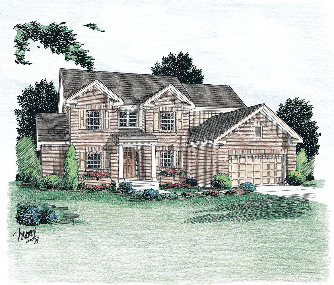 A drawing of a log home with a gray roof