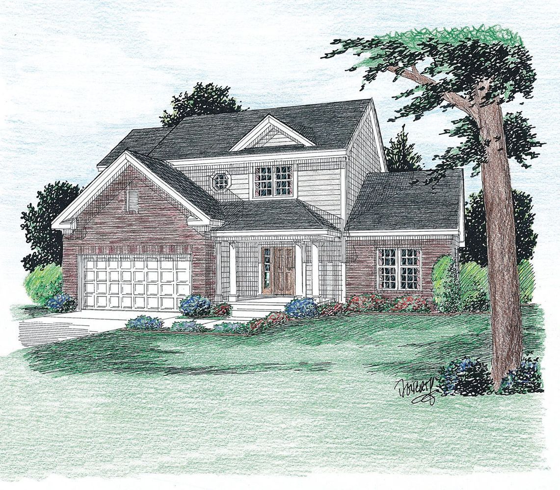 A drawing of a house with a tree in front of it