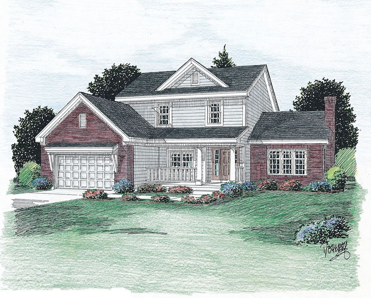 A drawing of a brick house with a garage and a porch.