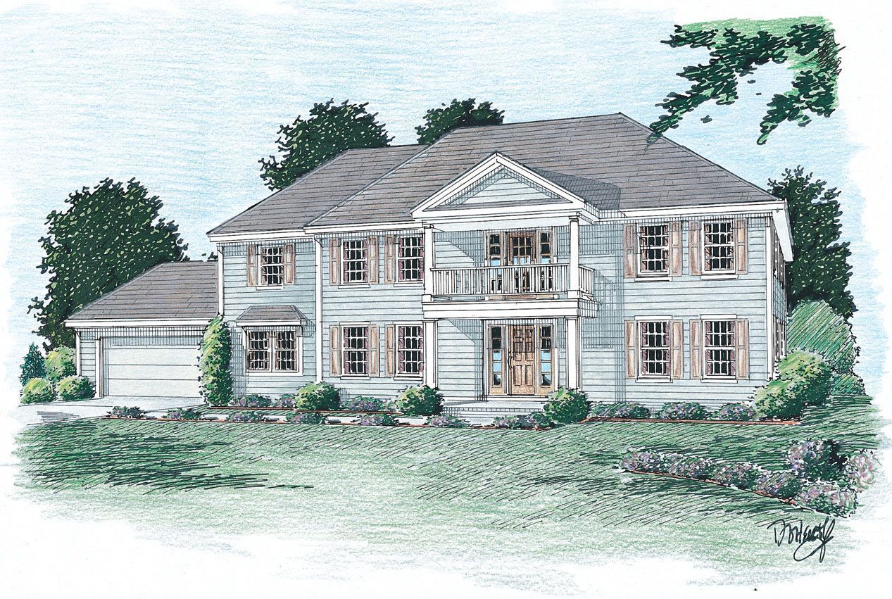 A drawing of a large white house with a gray roof