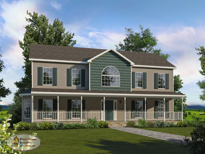 A rendering of a house with a large porch