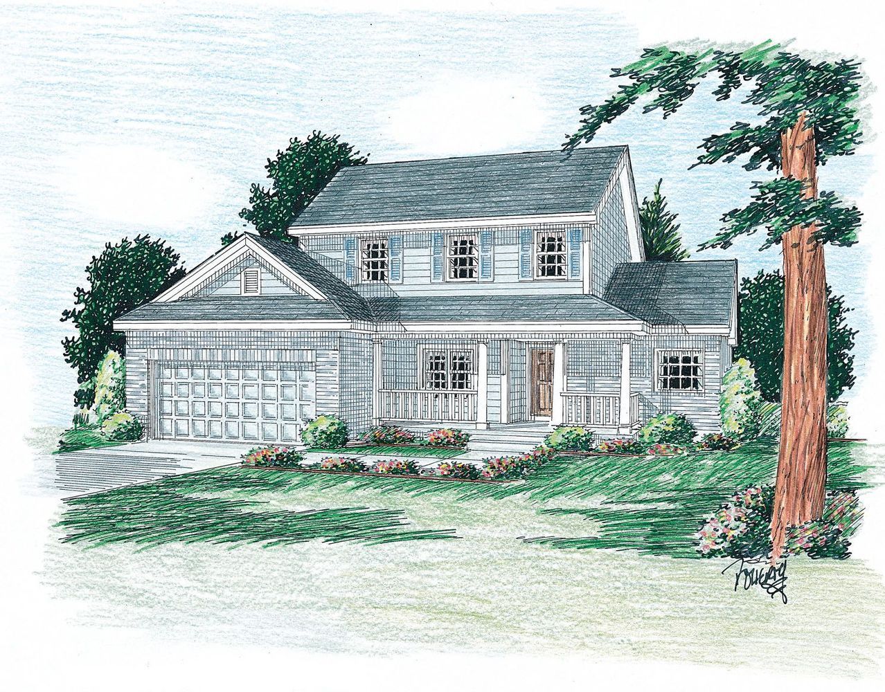 A drawing of a house with a tree in front of it