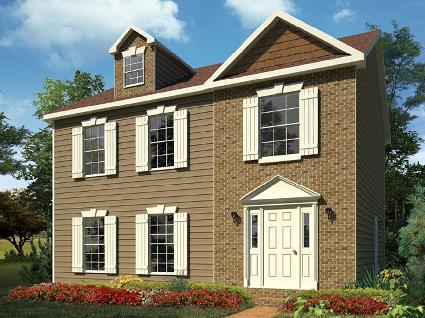 An artist 's impression of a house with brown siding and white shutters