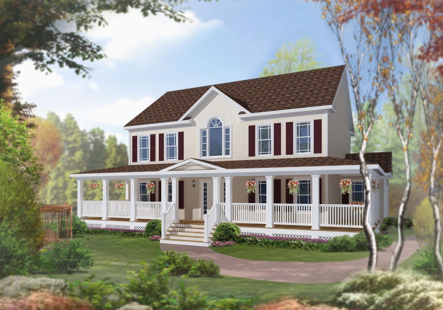 An artist 's impression of a house with a large porch