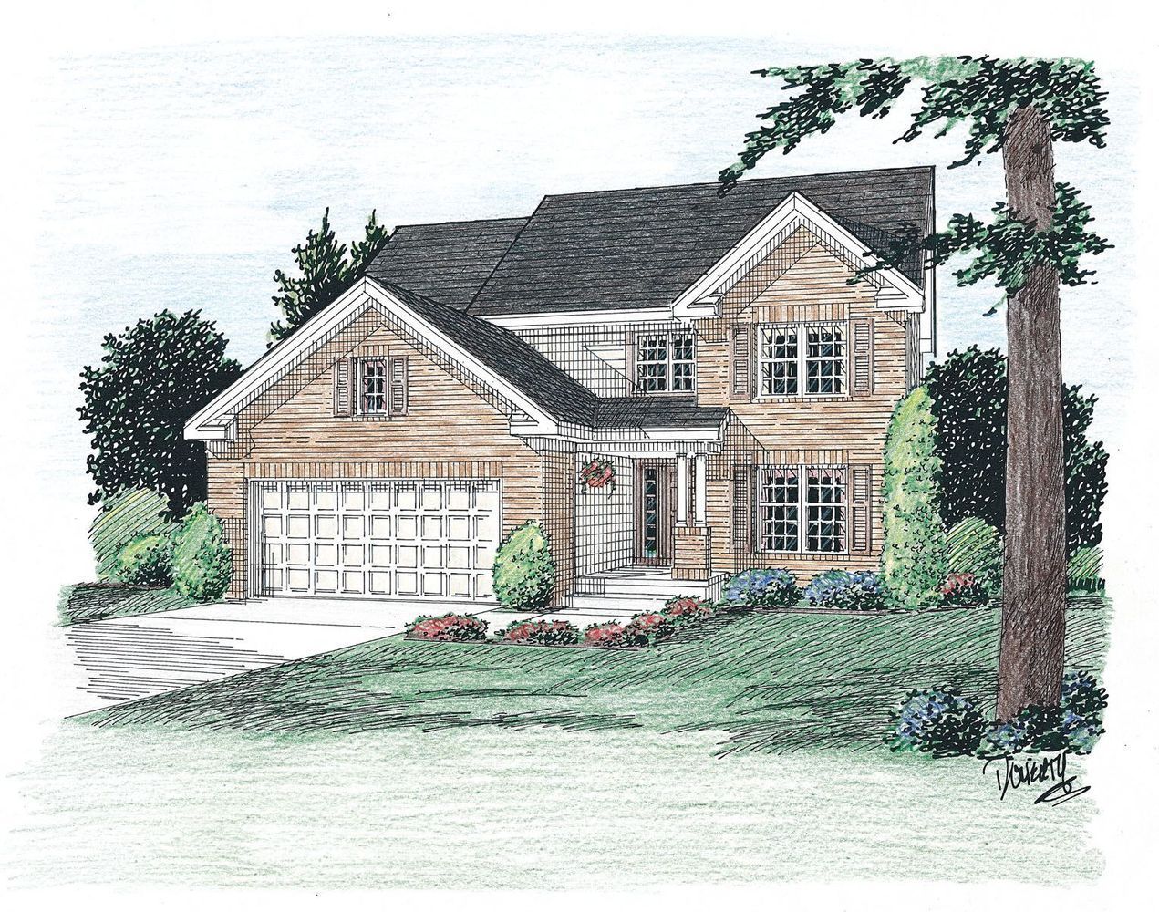 A drawing of a house with a tree in front of it