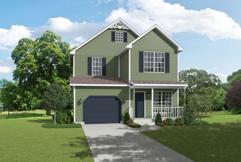 An artist 's impression of a green house with a black garage door