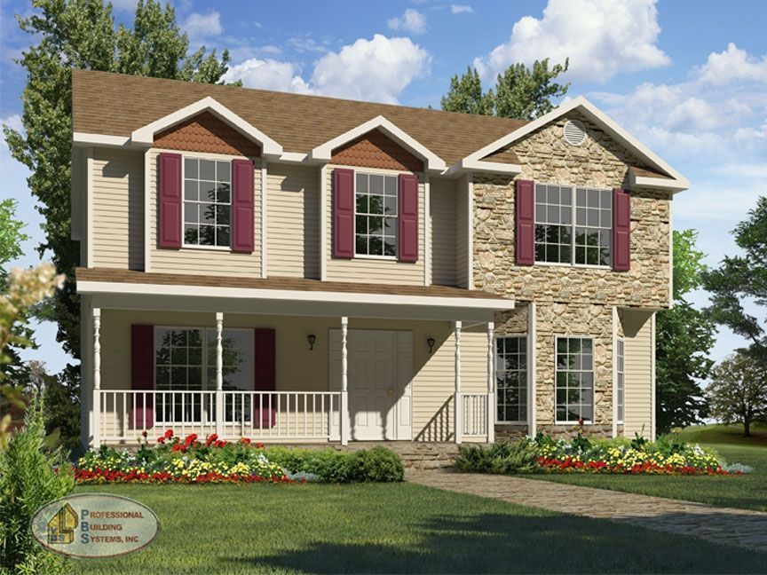 A rendering of a house with a porch and red shutters