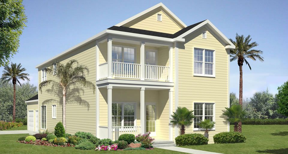 A yellow house with a porch and palm trees in front of it
