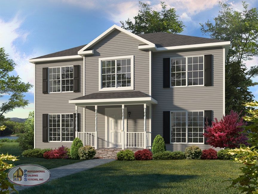 An artist 's impression of a gray house with black shutters