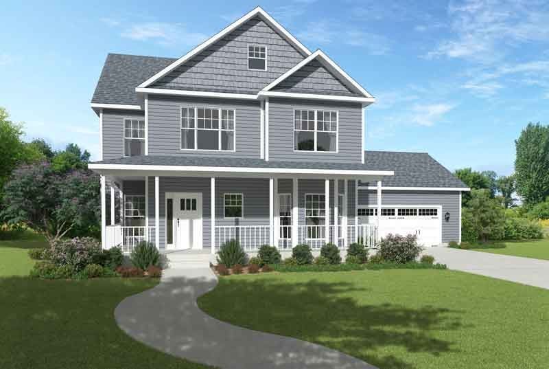 An artist 's impression of a house with a large porch and a garage.