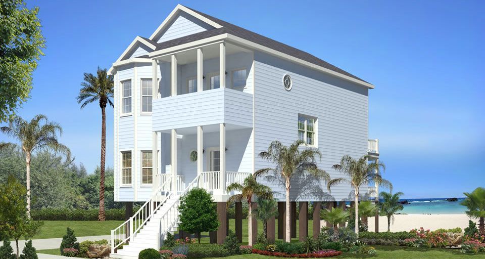 An artist 's impression of a white house on stilts next to a beach.
