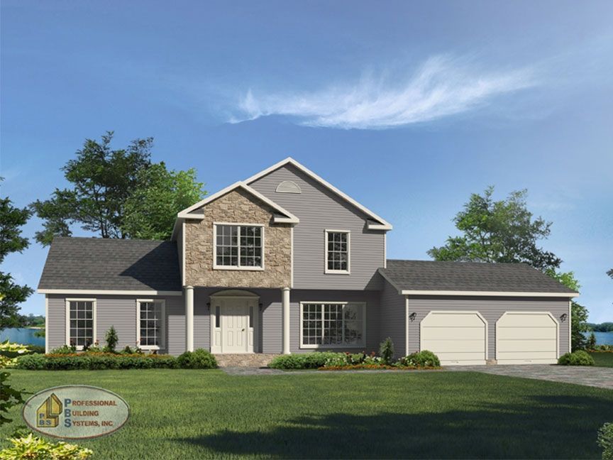 A rendering of a house with two garages