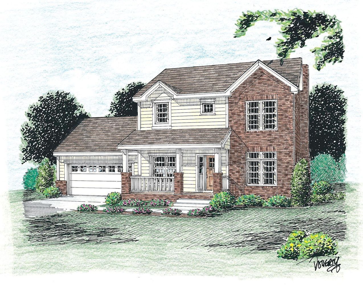 A drawing of a brick house with a garage