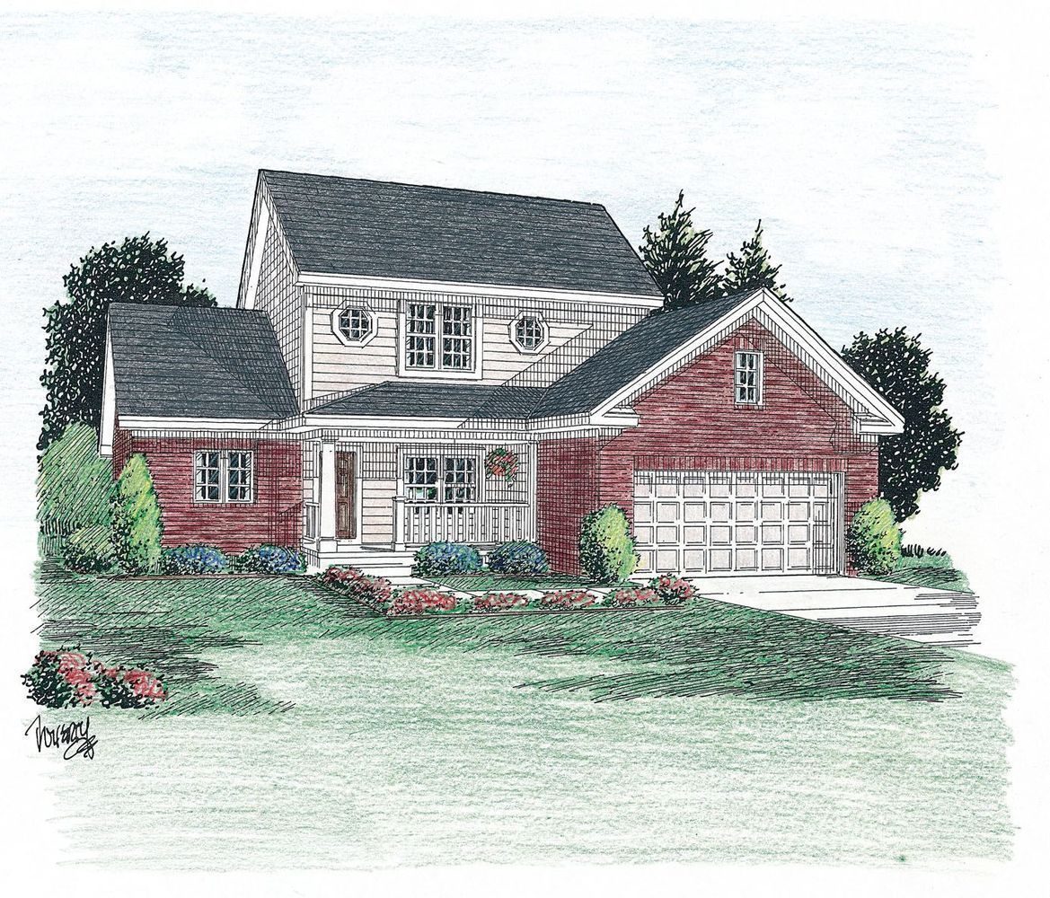 A drawing of a house with a garage and a porch.