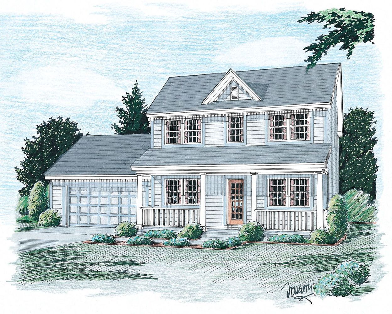 A drawing of a white house with a gray roof