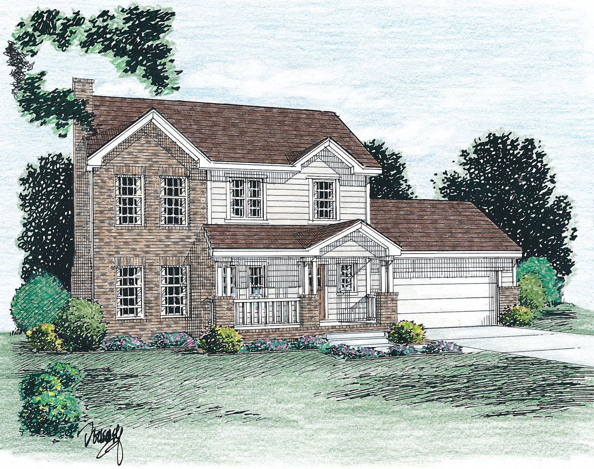 A drawing of a brick house with a brown roof