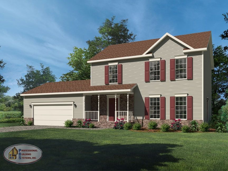 A house with a brown roof and red shutters