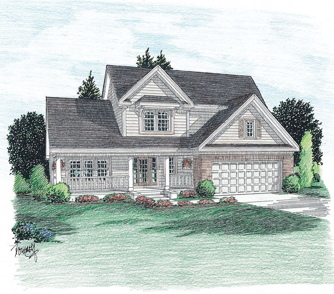 A drawing of a house with a porch and trees in the background.