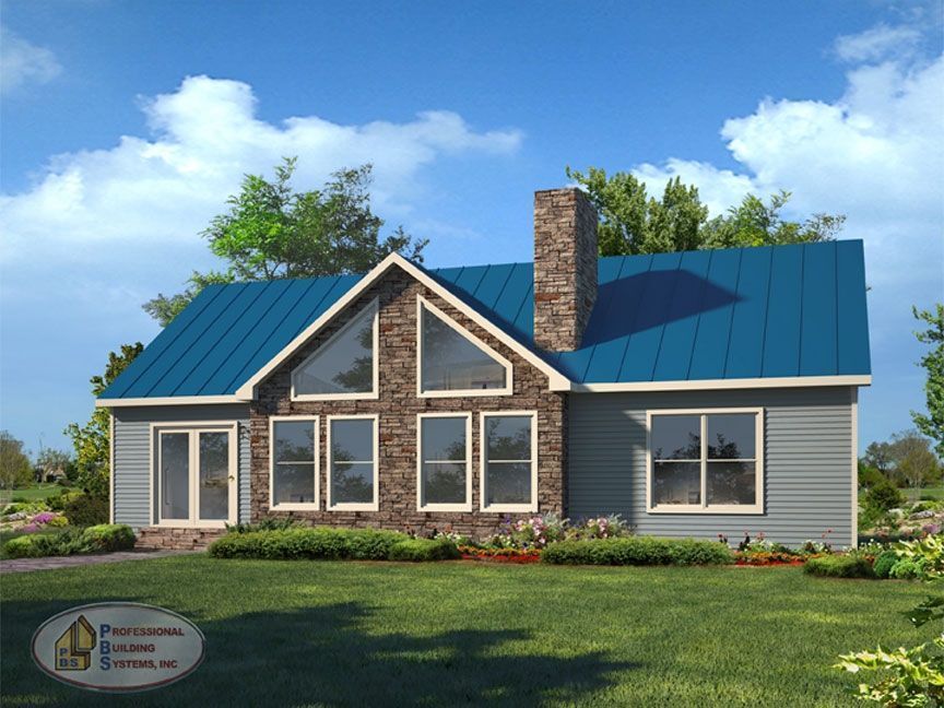 A rendering of a house with a blue roof