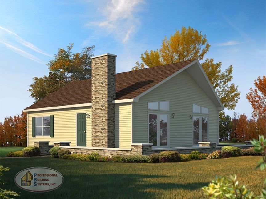 A small house with a chimney on the side of it