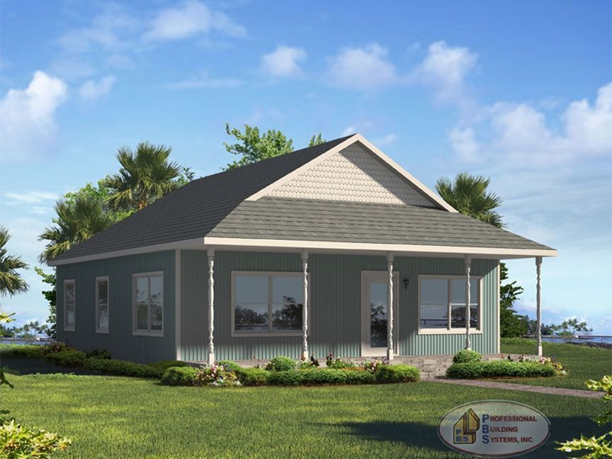 An artist 's impression of a small house with a porch