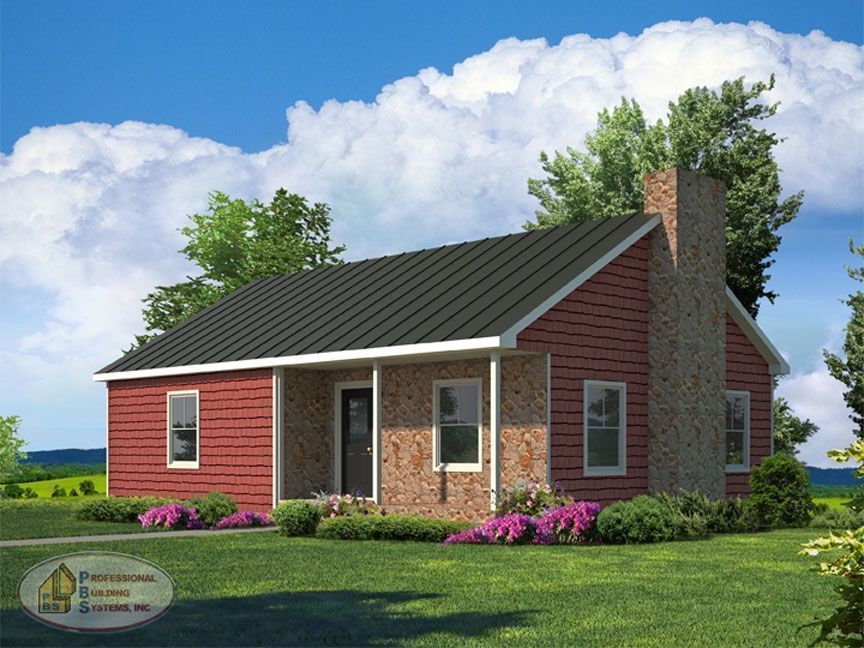 A small red house with a black roof
