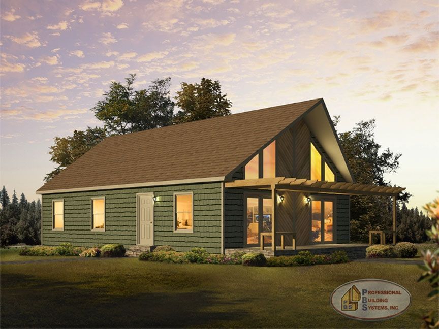 A green house with a brown roof and a porch