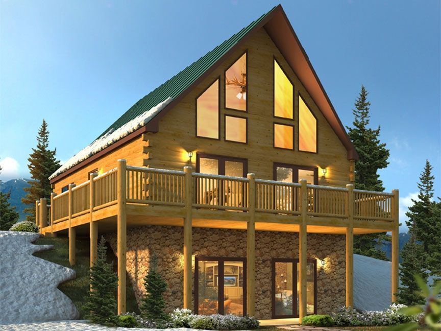 A large log cabin with a green roof and a large deck