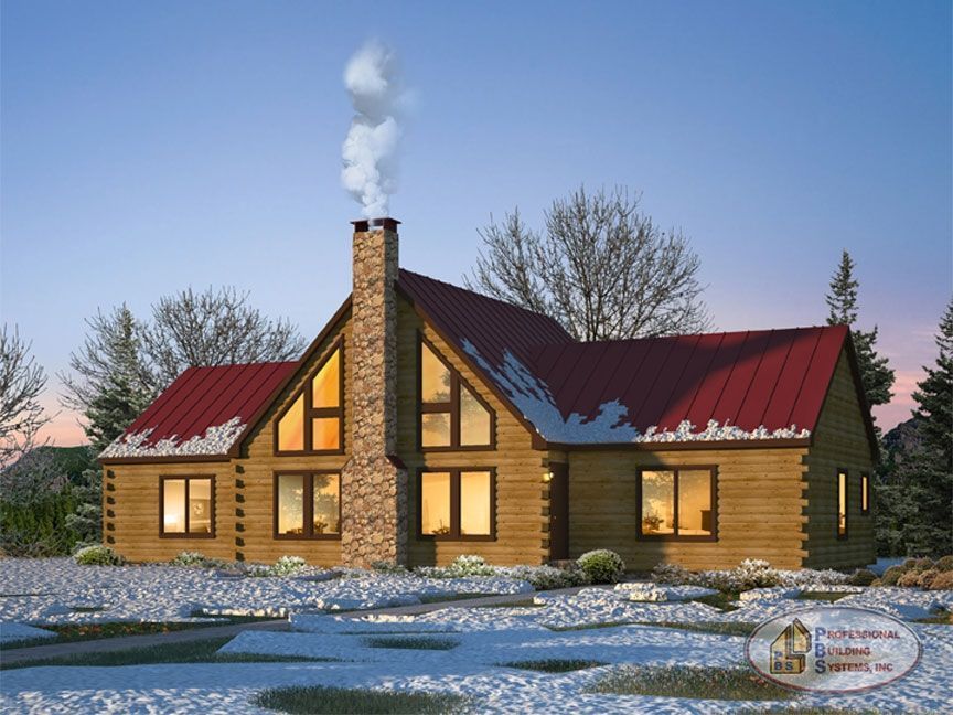 A log cabin with a red roof and smoke coming out of the chimney