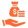 Hand holding a bag of money with dollar sign and coins, orange.