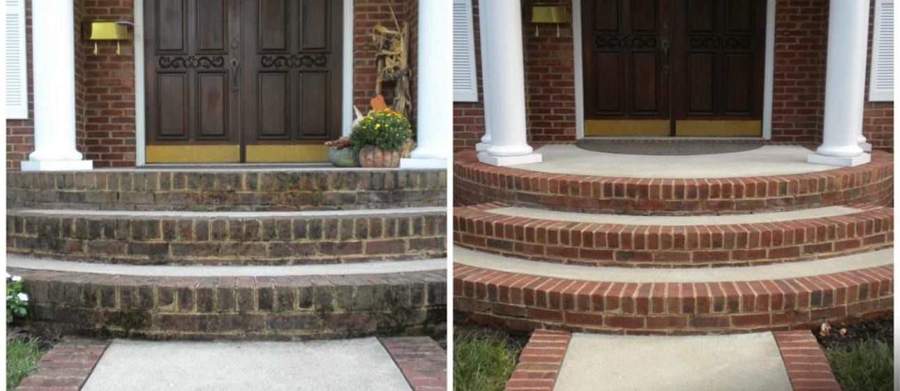 Before and after of brick steps, cleaned to show their original red color.