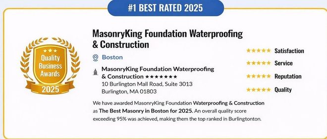 MasonryKing Foundation Waterproofing & Construction, Boston. Gold award with ratings and contact info.