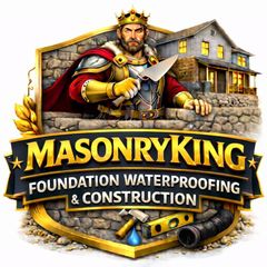 Logo for MasonryKing: House silhouette, text, trowel icon, crown, orange, grey.