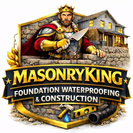 Logo for MasonryKing: House silhouette, text, trowel icon, crown, orange, grey.