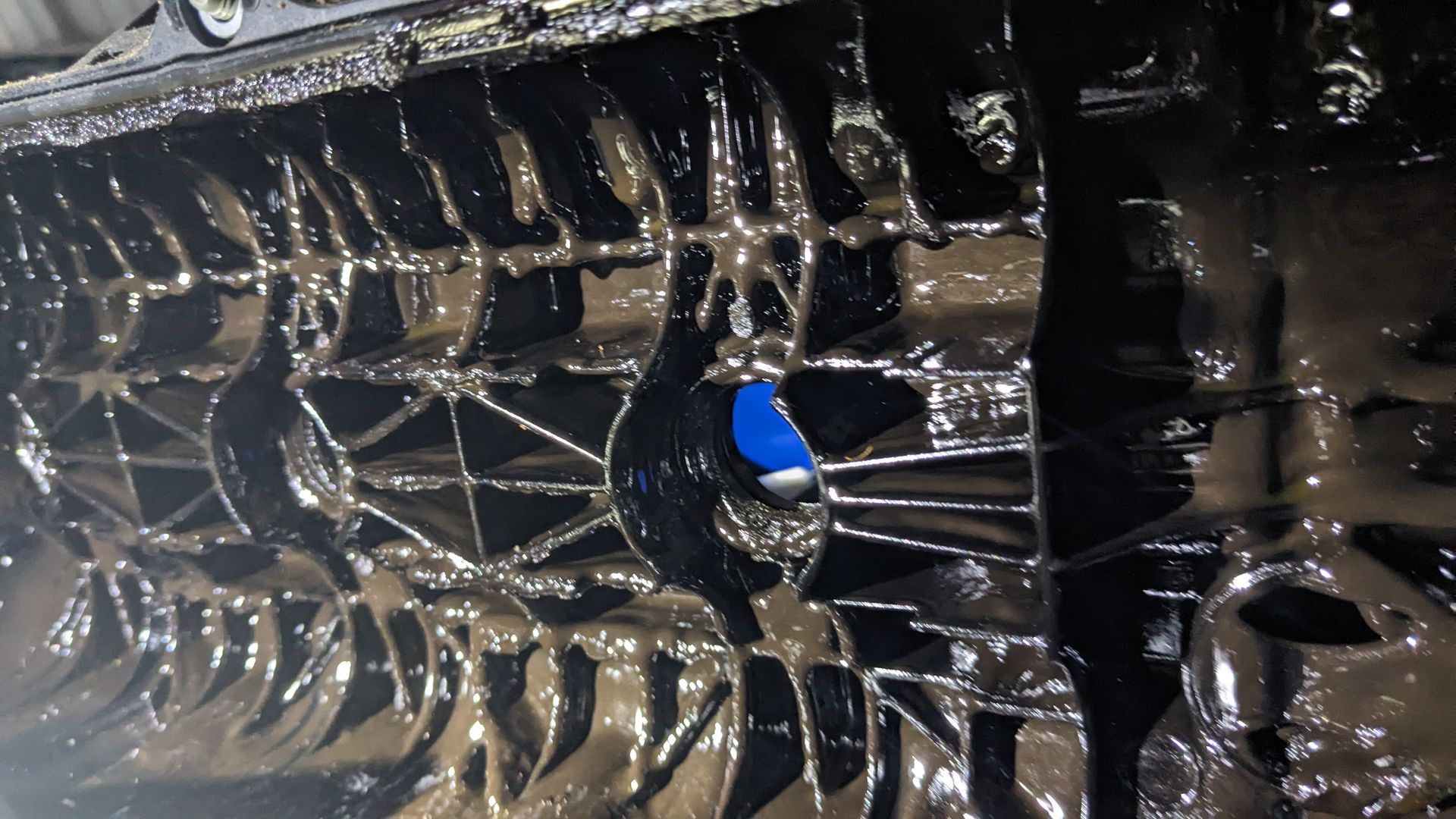 Close-up of a black webbed surface with a small blue object visible through the mesh.