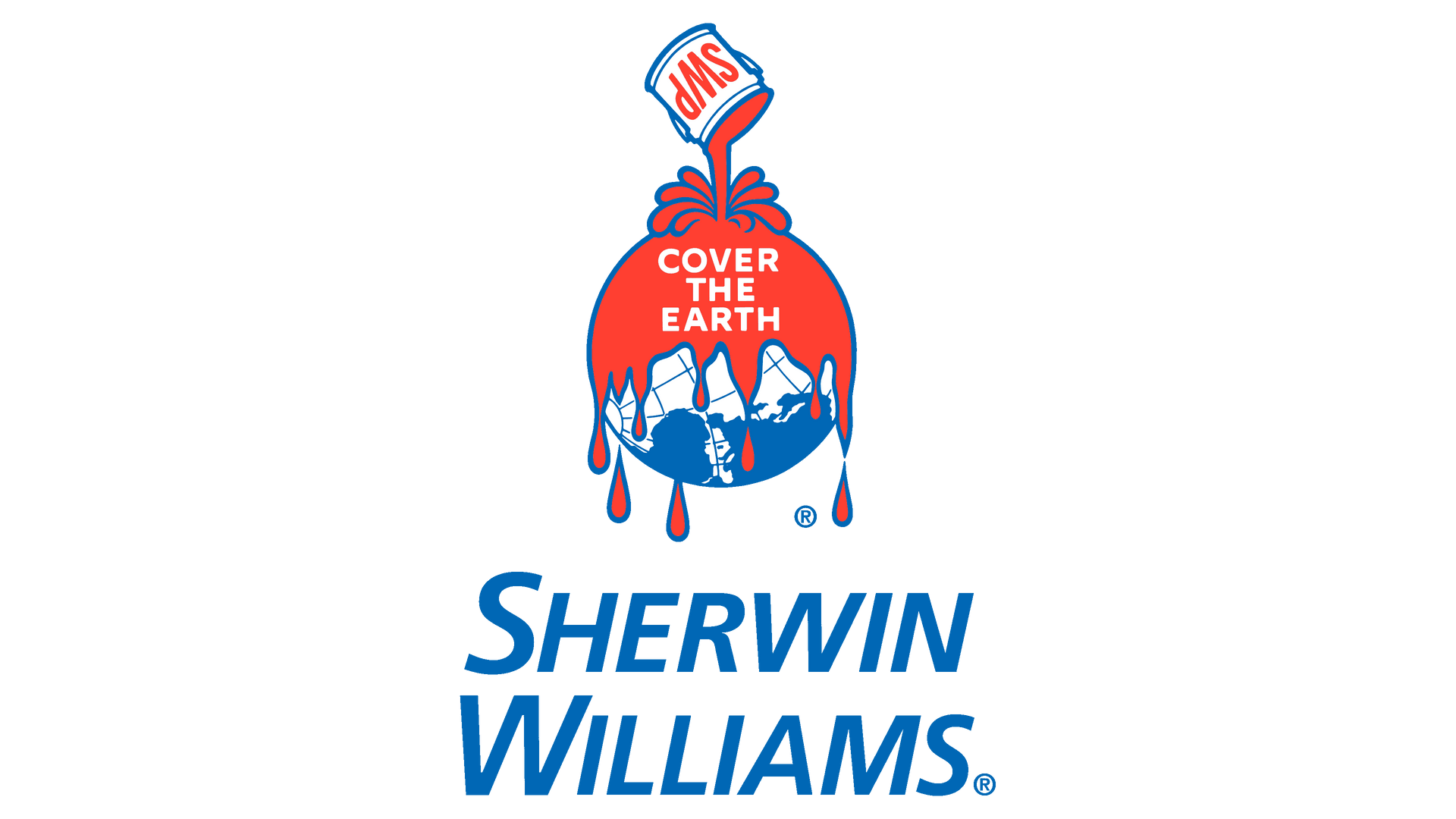 The logo for sherwin williams shows a globe with paint pouring out of it.