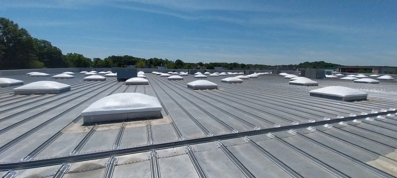 The roof of a building with a lot of skylights on it.