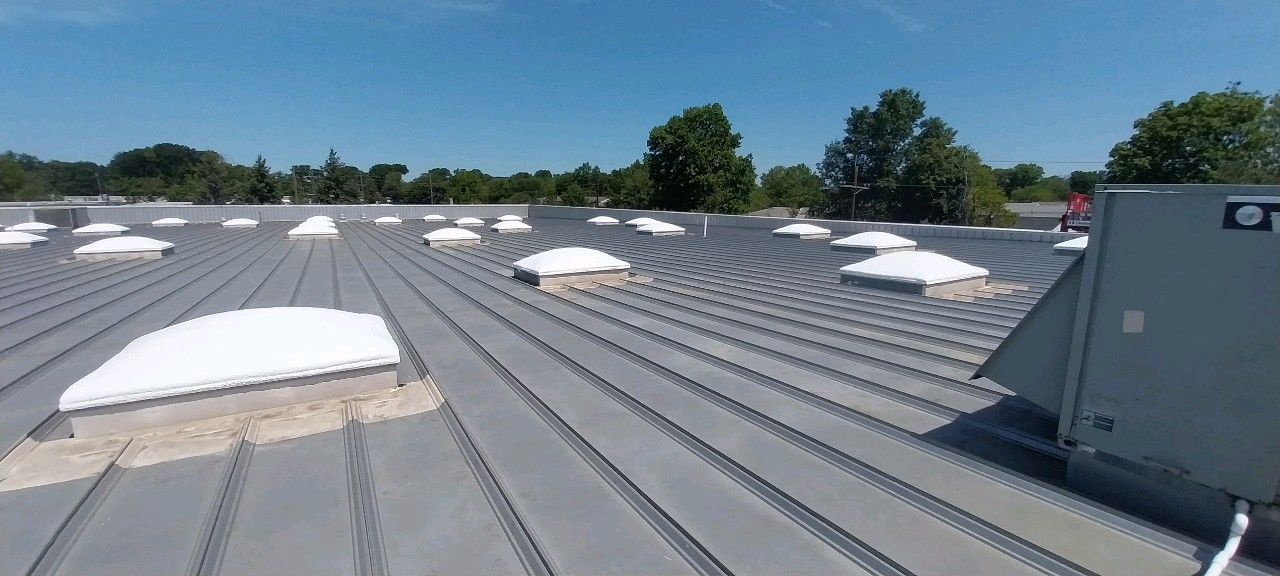 A roof with a lot of skylights on it and trees in the background.