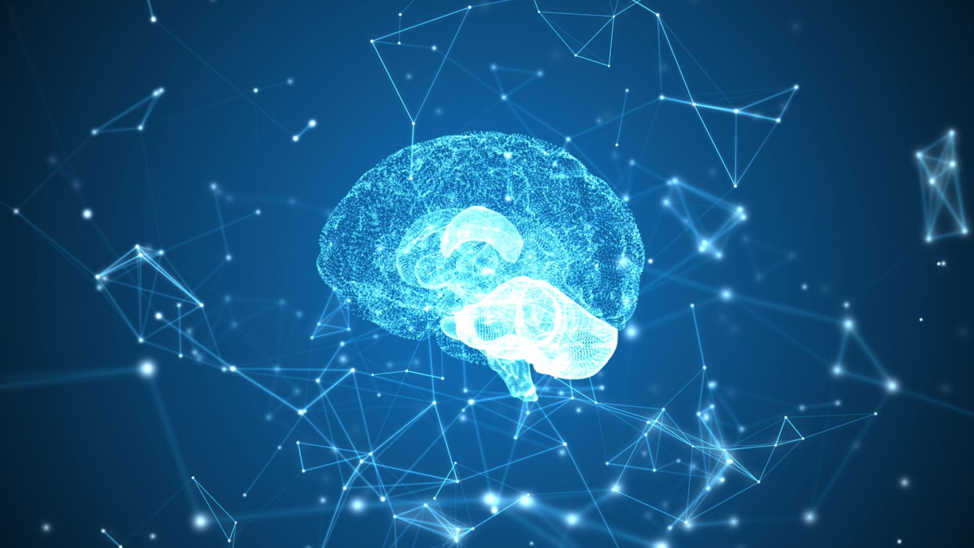 A 3D rendering of a brain on a blue background.