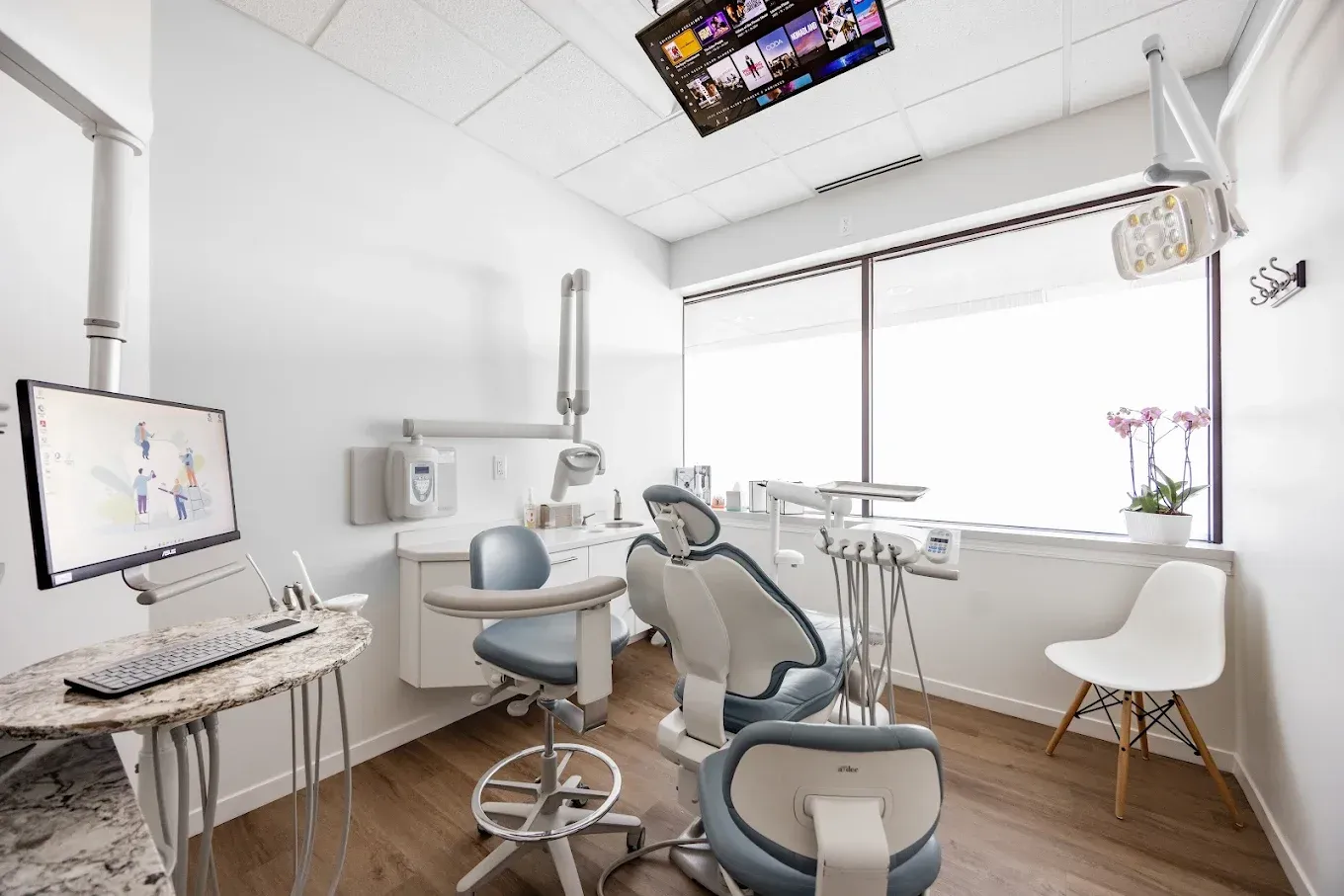 Dental office, white walls, dental chair, monitor, window with blinds, overhead TV, white chair.