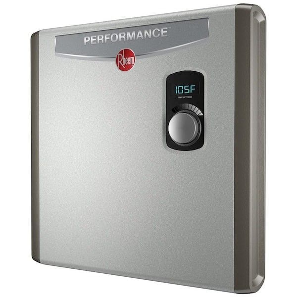 A stainless steel water heater with a digital display.