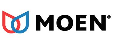 A logo for a company called moen with a red and blue logo.